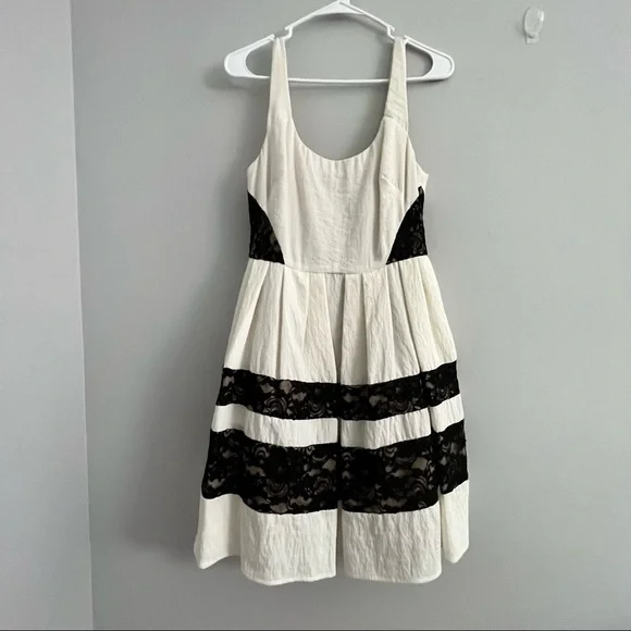 ABS Fit & Flare Ivory and Black Lace Cocktail Dress Size 6 - Picture 3 of 16